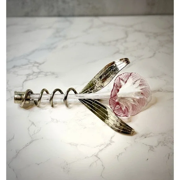 Vintage MCM Silver Plated Bud Vase Pink Hand Blown Art Glass Lily 11