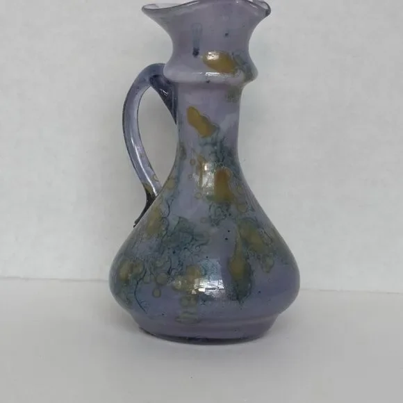 Israel Rueven Art Glass Jug Vase Hebron Purple Lavender Iridescent Body Pinched