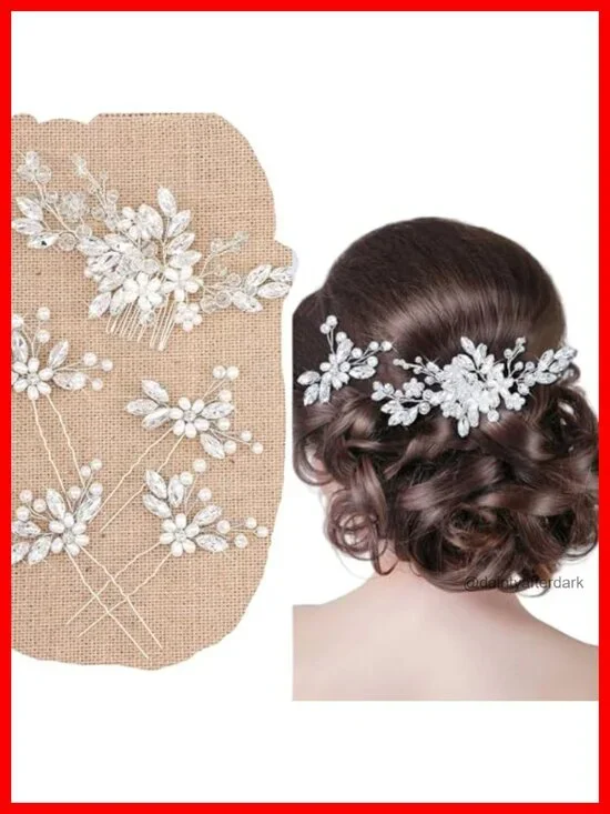 5-Piece Wedding Hair Comb Set with Rhinestone Floral Hairpins