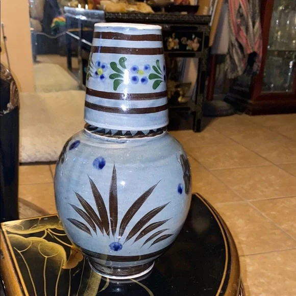 BOX41 Handcrafted Ceramic Water Pitcher with cup. Blue and Brown Accents