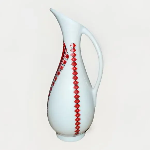 Ukranian Art Hand Decorated White And Red Bud Vase Pitcher Canadian 6x2”