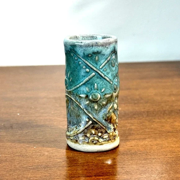 Signed AW Studio Pottery Mini Bud Vase Blue Green Stoneware Toothpick Holder