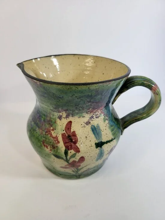 Malsnee Art Pottery‎ Dragonfly Pitcher, Signed Georgia Folk Art Stoneware Vase