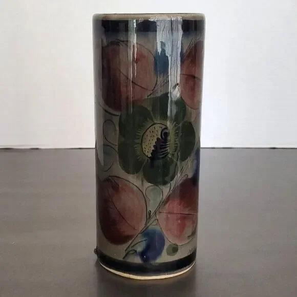 Vintage Tonala Mexican Pottery Hand Painted Floral Cylinder Vase 6.75