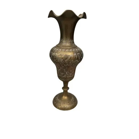 Vintage Solid Brass India Etched Diamond Cut Floral Vase