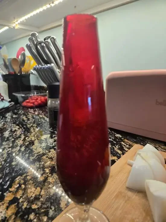 Vintage Ruby Red Handblown Glass Bud Vase with Clear Twisted Stem