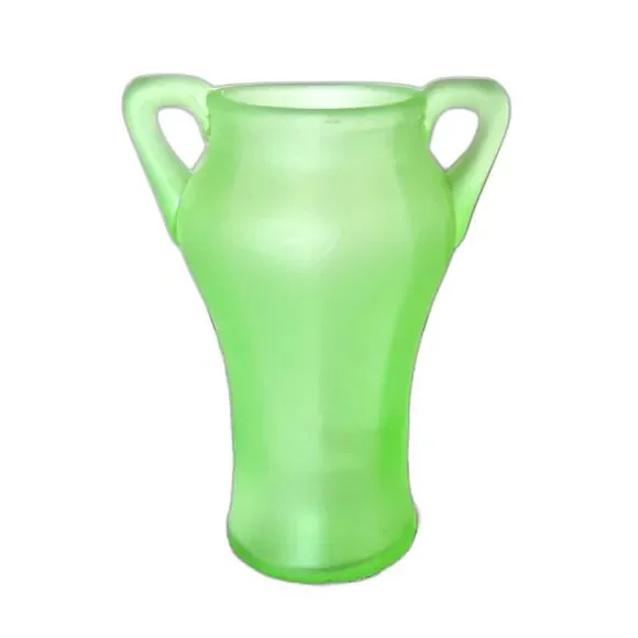 Vintage Satin Uranium Glass Double Handled Bud Vase UV Reactive Green 6