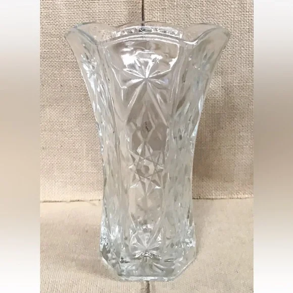 Vintage Clear Starburst Pressed Glass Vase Ruffled Rim Heavyweight Fairy Core