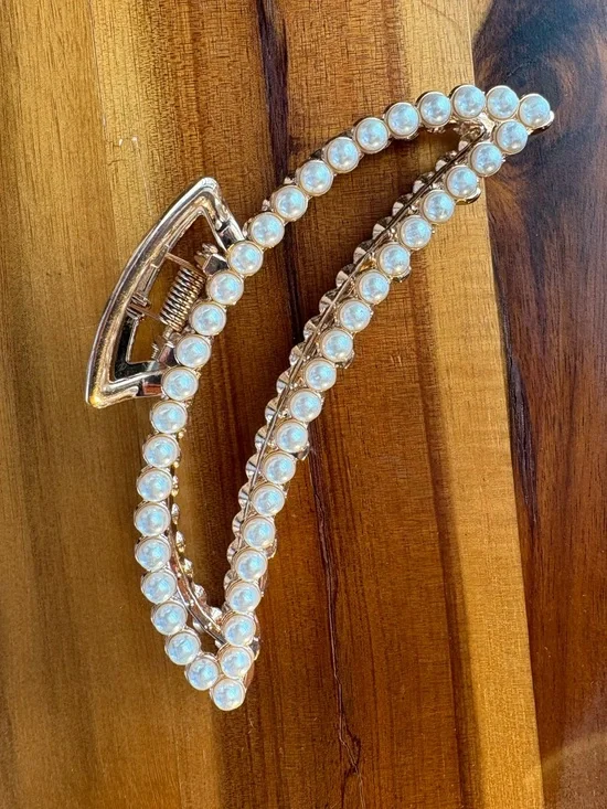 Faux Pearl Gold Tone Metal Hair Claw Clip Large Crescent Geometric