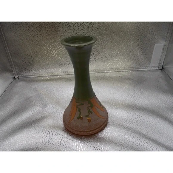Artisan Studio Pottery Bud Vase Green Tan Matte Glaze Hand Painted Botanical