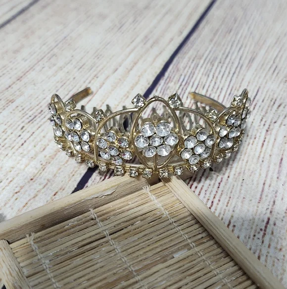 Vintage Light Gold 925 Marked Mini Tiara Rhinestone Comb