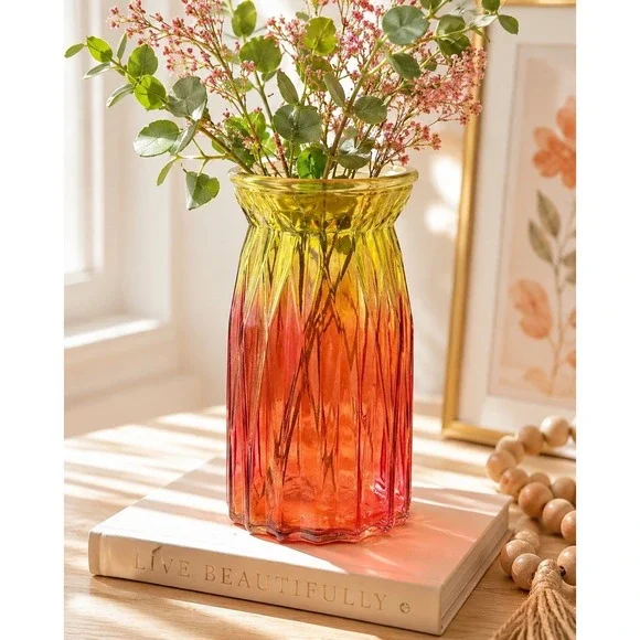 Yellow‎ Pink Ombre Faceted Glass Vase Geometric Sunset Gradient 8.25 Inch