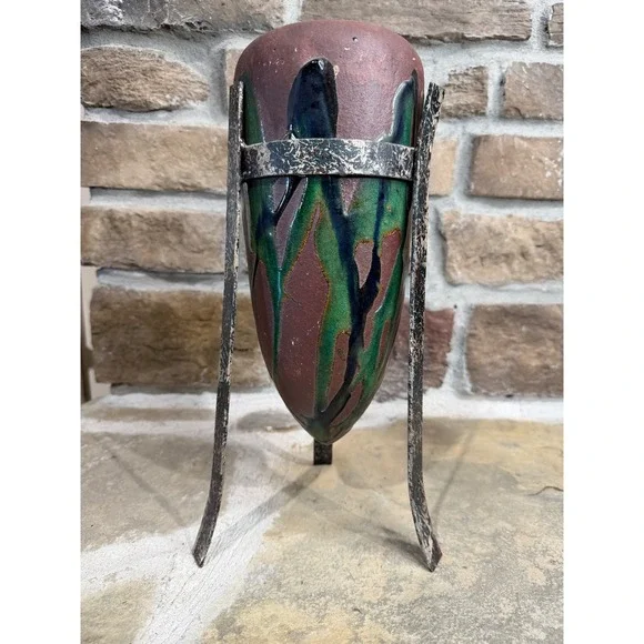 Brutalist Studio Pottery Amphora Vase with Wrought Iron‎ Tripod Stand Drip Glaze