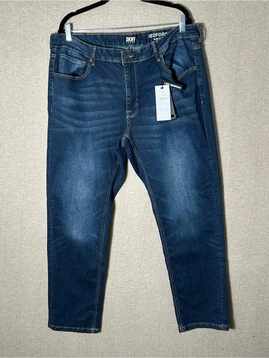 New DKNY Bedford Slim Fit Jeans Mens Tag Size 38X30 Dark Wash Stretch Blue Denim