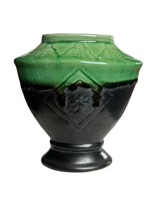 Vintage Art Deco Green & Black Drip Ceramic Vase Collectible Vietnam