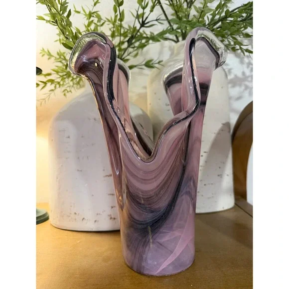 Large Murano Art Glass Vase Pink Swirl MCM Italian Blown Glass‎ Home Decor