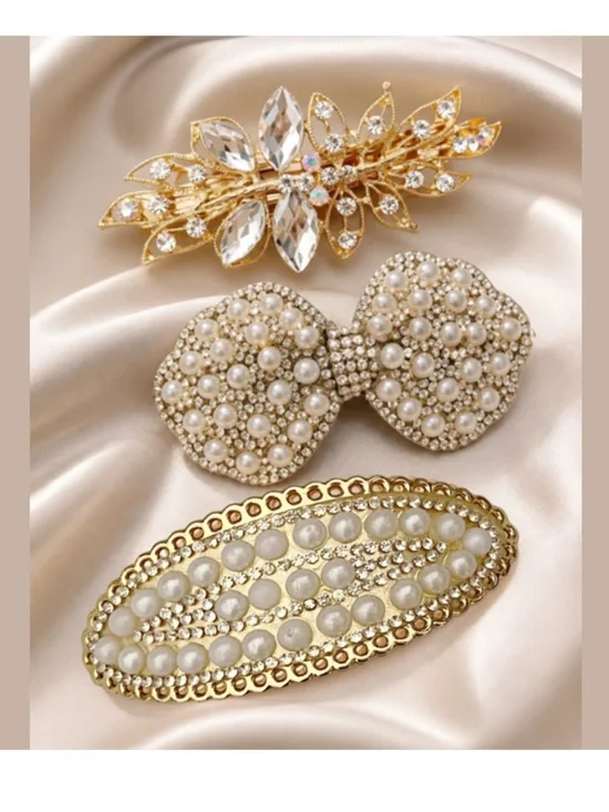 New 3 Barrettes Faux Pearls & Crystals Hair Clips Set