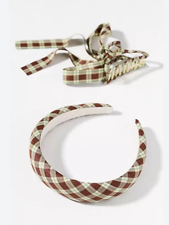 NWT Anthropologie Plaid Headband & Bow Hair Clip in Chocolate