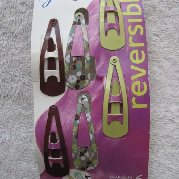 6 Goody Reversible Double Sided Snap Hair Clips Flowery & Solid Brown White