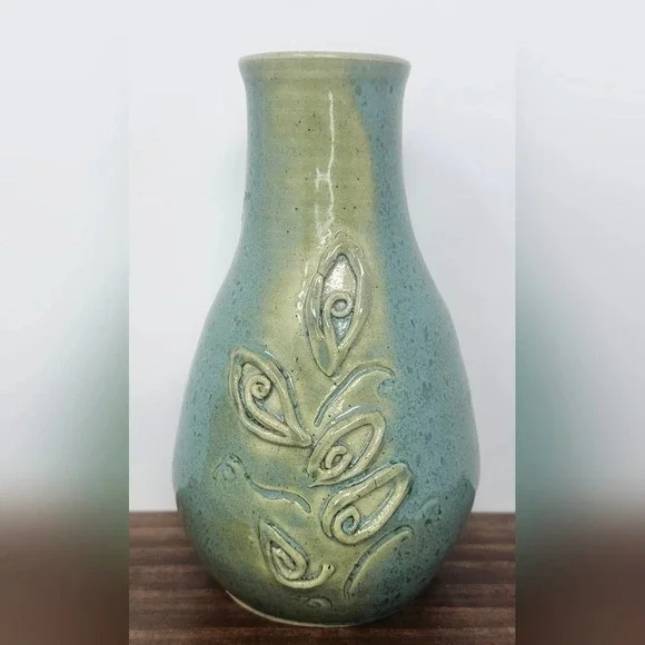 Handmade Pottery Vase Signed By Lana? Green Blue Textured Floral Detailed 6x3