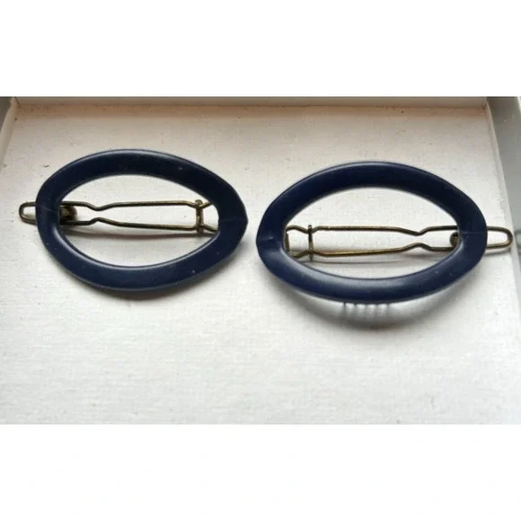Vintage France Navy Oval Hair Clips Matching Pair 1970s Mod Open Barrette Set