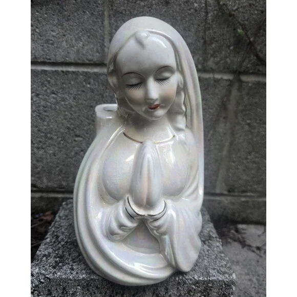 Praying Virgin Mary Madonna Ceramic Planter Opalesent Glaze w/ Gold Details Vtg