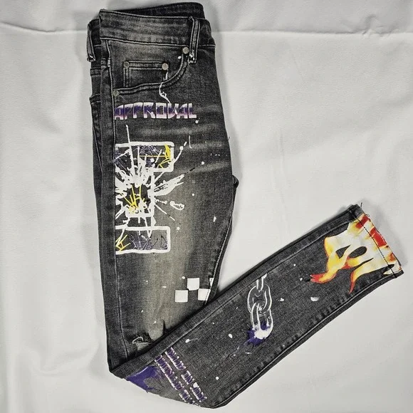 THRT Stacked Skinny Jeans‎ Mens 28x30 Black Graphic Flame Distressed Y2K
