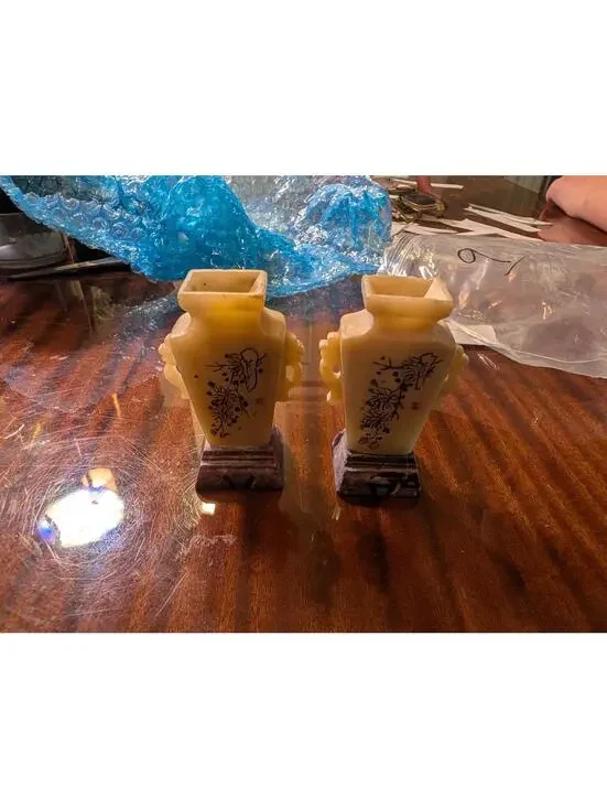 Pair Vintage Chinese Carved Soapstone Vases Floral Incised Wood Base Seal Mark