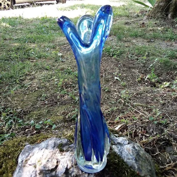 Vintage MCM 3 Finger Swung Vase Art Glass Cobalt Blue
