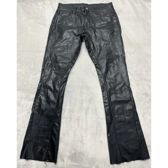 MNML Pu Leather Pants Men 30 Black Straight Flare Mid Rise Raw Hem City Bikers