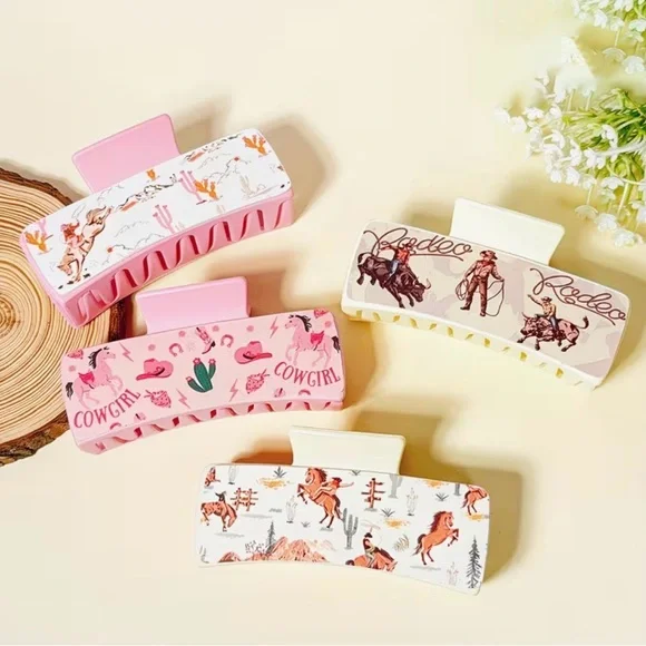 Western Cowgirl Rodeo Hair Claw‎ Clips Set of 4 - Pink and Cream