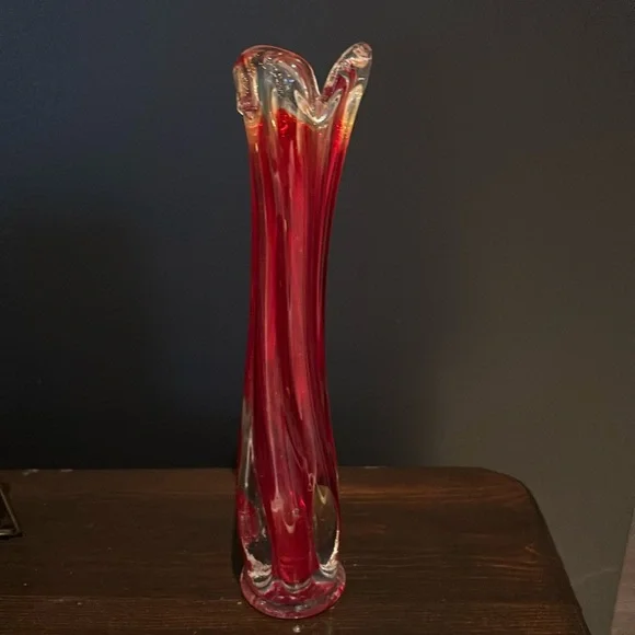 Vintage Art Glass Swung Bud Vase Red Twisted Three Finger Mid Century 9.5” Tall