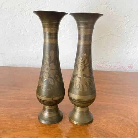 Vintage Indian Engraved Brass Vase Sets