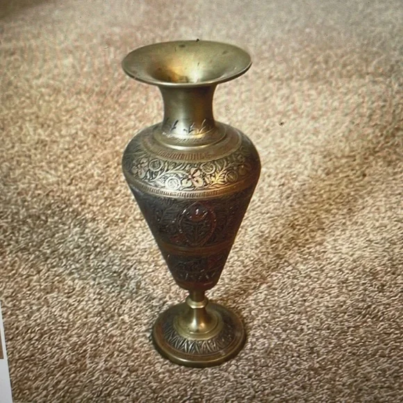 VTG Etched Brass vase 8”