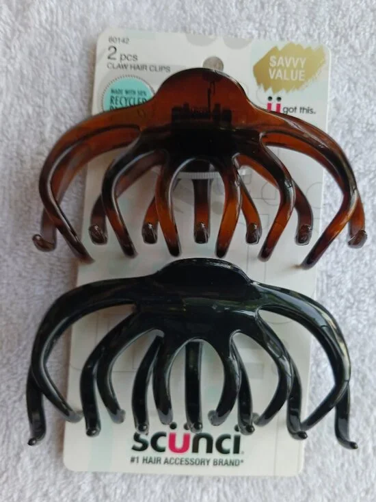2 Scunci Claw Hair Clips Brown Black Plastic Jaw Wavy Curved Teeth Large Wide