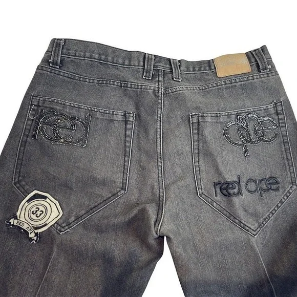 Red Ape Jeans Men 40 Black Denim Y2K Streetwear Embroidered Hip Hop Baggy Skater