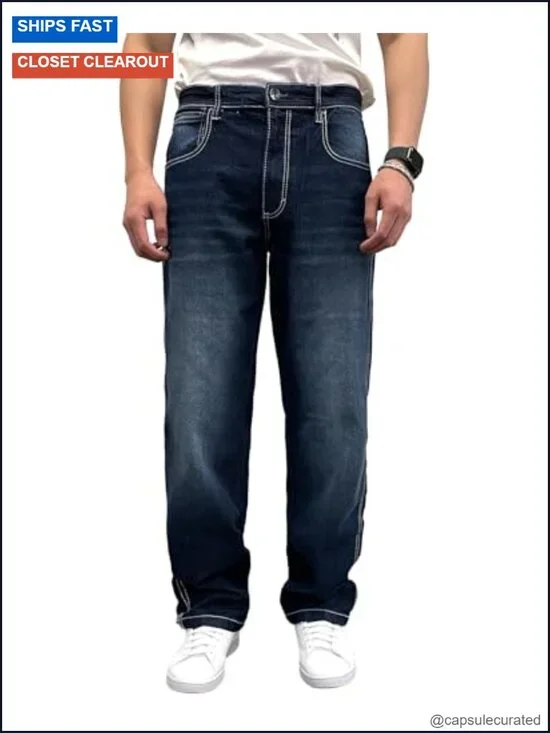 Mid Rise Stretchable Straight Relaxed Fit Cross Hatch Denim Pants