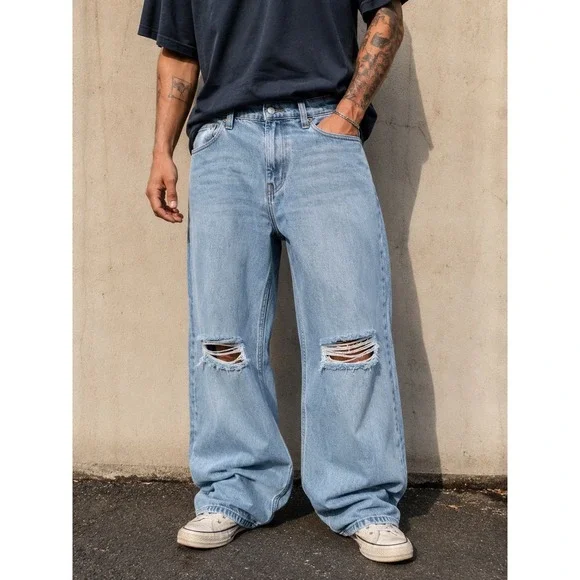 Hollister Baggy Jeans Mens 34x32 Light Wash Distressed Ripped Skater Denim