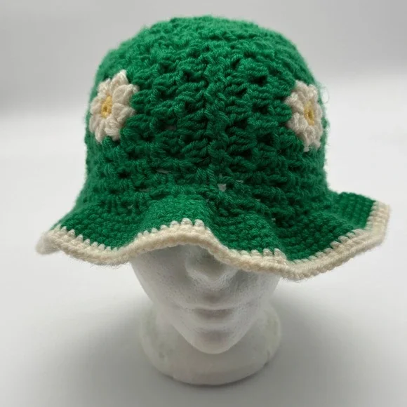 Vintage Handmade Green‎ Crochet Daisy Bucket Hat Floral Boho Festival Accessory