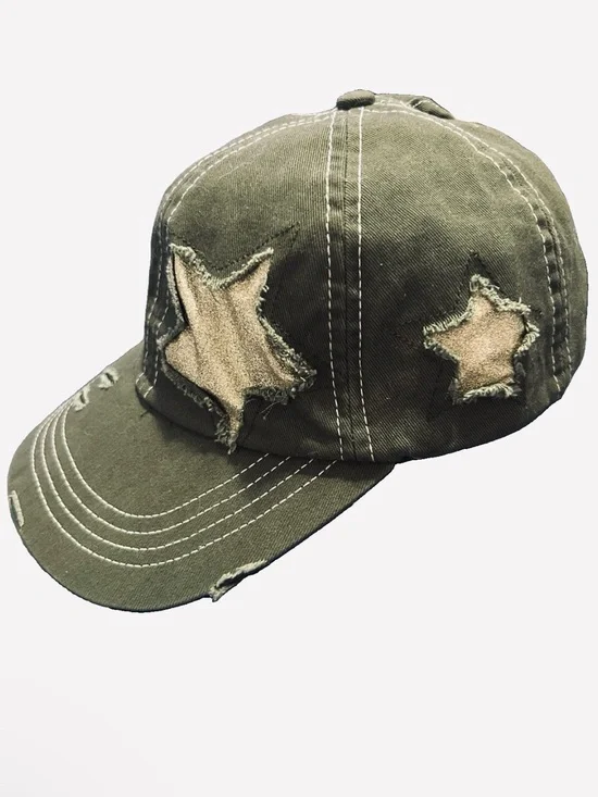 Cato Olive Green Distressed Raw Edge Star Baseball Cap Adjustable One Size