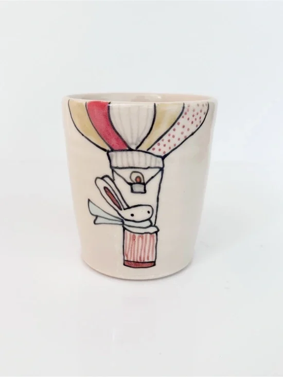 Handmade Pottery Tumbler Hot Air Balloon Bunny Illustrated Cup Artist Signed