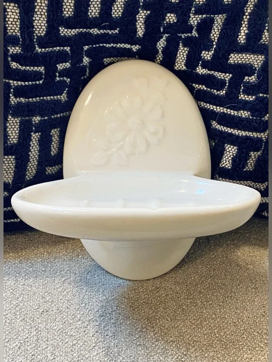 VTG Soap Dish White Porcelain w Relief Flower Oval Wall Mount Cottagecore