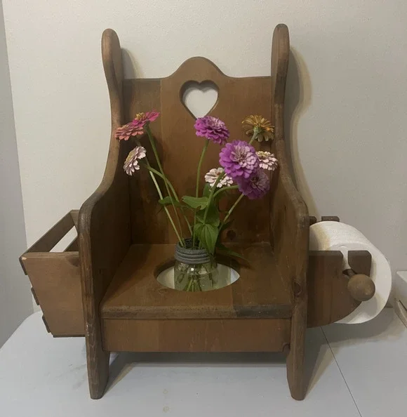 Vintage Wooden Heart Cutout Potty Training Chair Removable Bowl