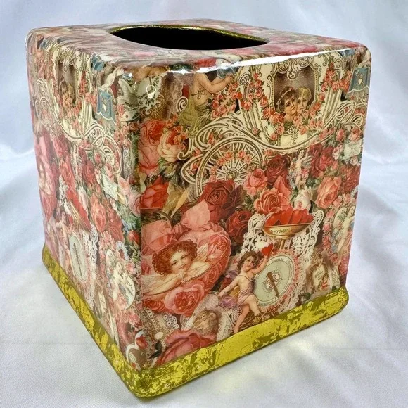 Vintage Victorian Style Decoupage Tissue Box Cover Romantic Gold Cherub Grandma