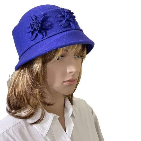 Vintage Andora Felt Cloche Bucket Hat Floral adjustable OS Royal Blue