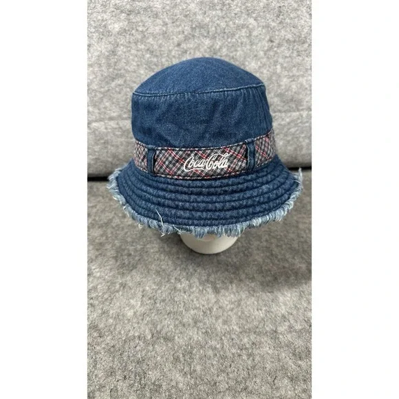 Vintage Coca-Cola Denim Bucket Hat Plaid Accent Frayed Edge