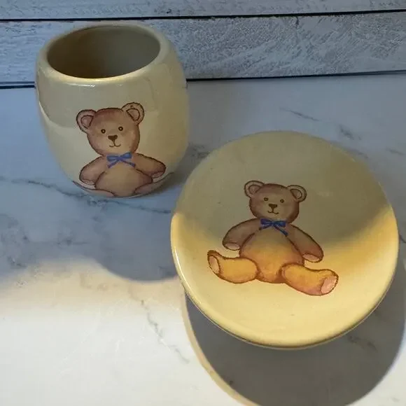 Vtg Saturday Knight Ltd Teddy Bear Bathroom Set Ceramic Soap Dish Tumbler Cup