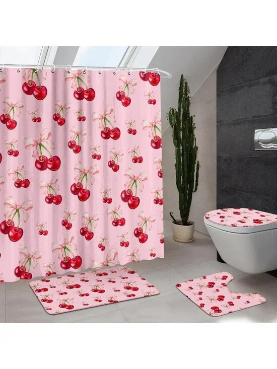 4 Pcs Pink Bow Cherry Shower Curtain Set - Aesthetic Bathroom Decor with Rugs