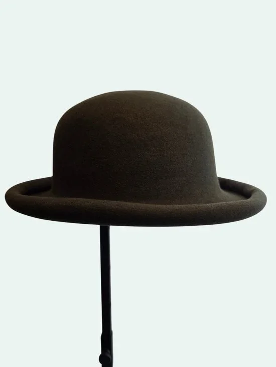 100% Pure Wool Olive Grn Bowler Hat Timeless Design, Steampunk, Modern, Bohemian