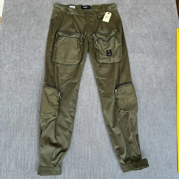 Represent Men's Multi Pocket Cargo Pants Green Zipper Military Size M 34x30
